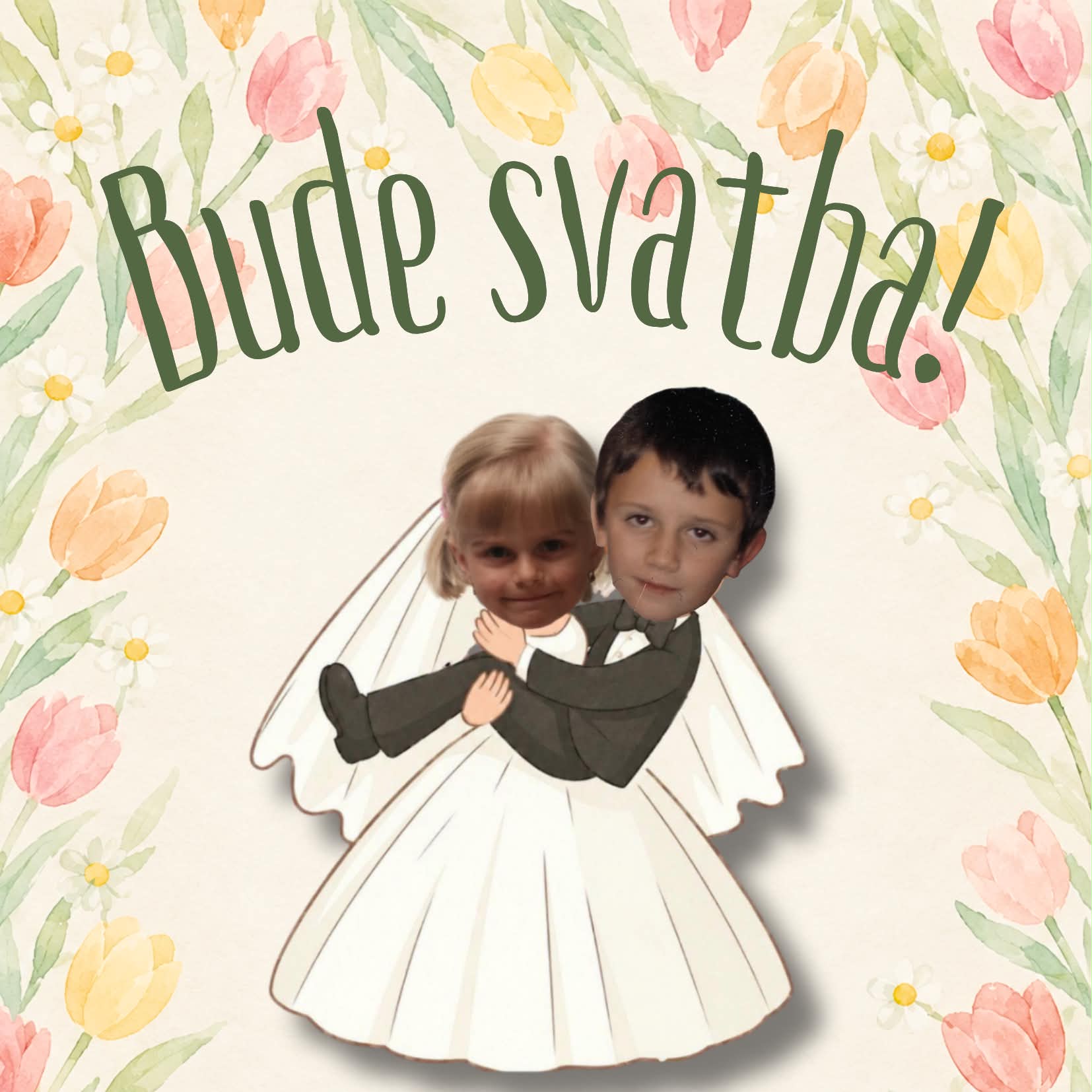 Bude svatba! Ilustrace nevěsty a ženicha s dětskými tvářemi Terezky a Ondry mezi tulipány